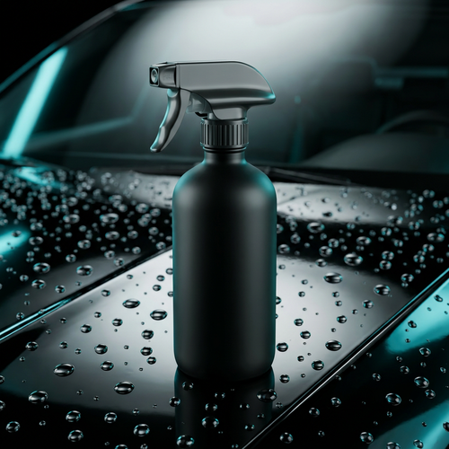 Ceramic coating spray bottle on glossy black car with water beads